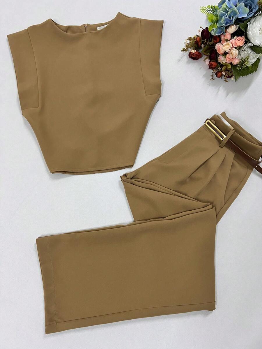 Women Two-Piece Outfits - Khaki - View 1