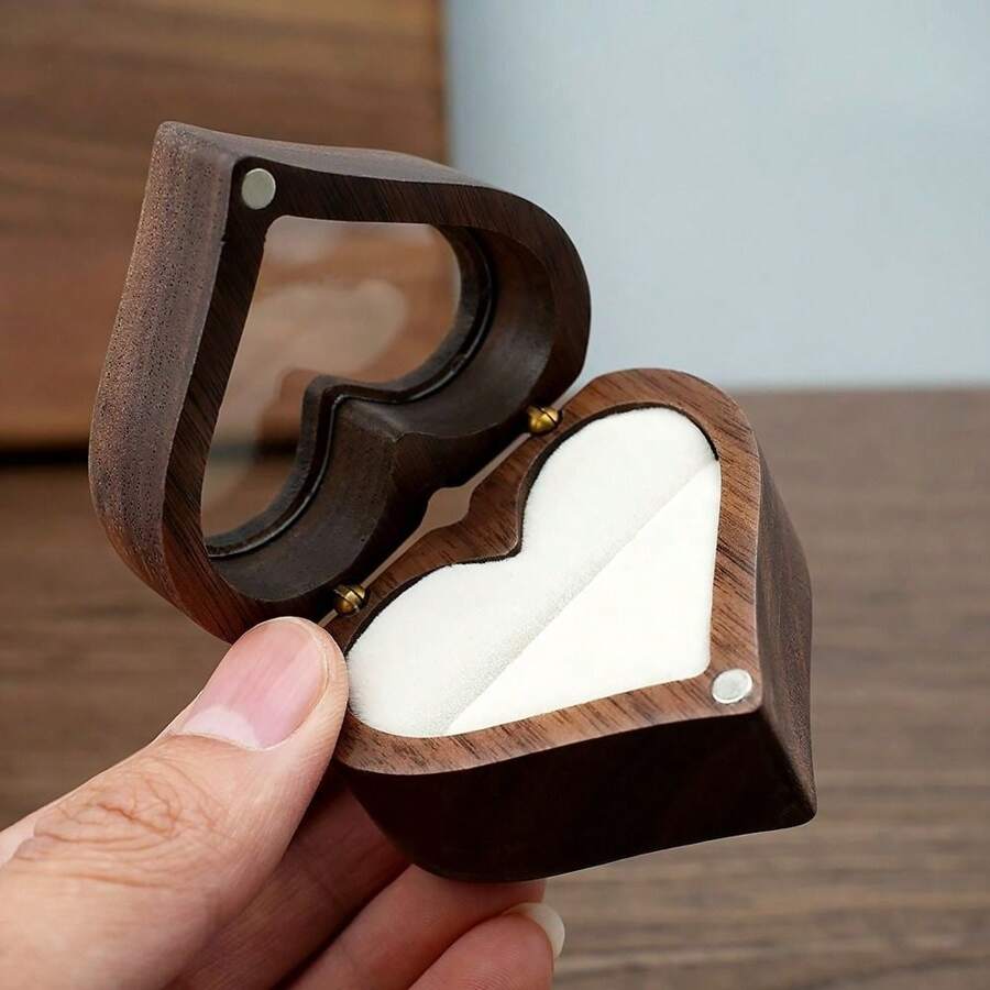 1 Pieza Caja de joyería de madera en forma de corazón, exhibidora de anillos, estuche para guardar anillos de compromiso y boda de parejas, regalo del Día de San Valentín y para volver a la escuela