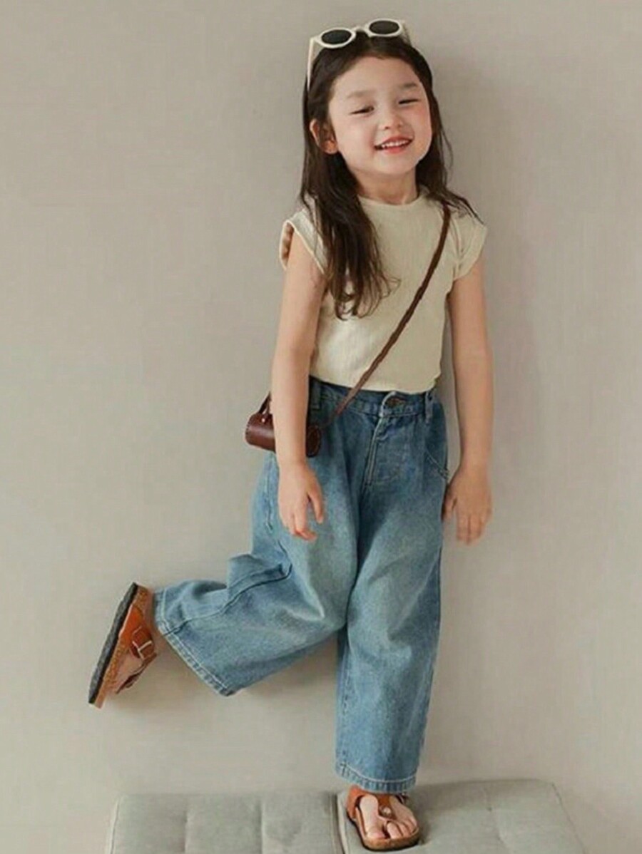 1pc Casual Soft & Comfortable Wide Leg Straight Blue Denim Jeans, High Waisted Relaxed Fit Pants