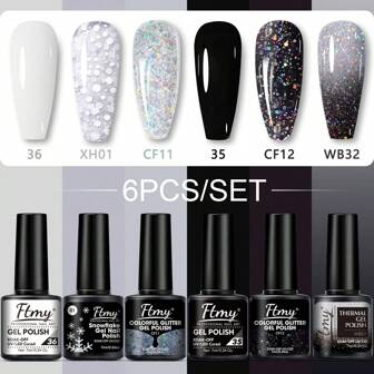 مجموعة سدادة الأظافر الجلية 6 قطع FTMY ، سلسلة الأبيض والأسود ، طلاء أظافر أسود غير لامع ولامع ، طلاء أساسي ، لا يحتاج للمسح ، مجموعة هدايا للنساء