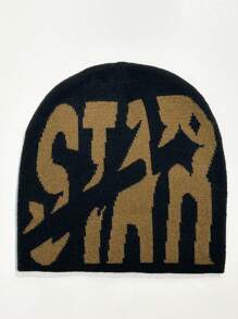 1pc Knitted Star Pattern Hat With Letter Design, Unisex Warm Beanie Made Of Acrylic Fiber, For Casual Outing In Cold Weather