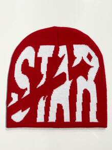 1pc Knitted Star Pattern Hat With Letter Design, Unisex Warm Beanie Made Of Acrylic Fiber, For Casual Outing In Cold Weather