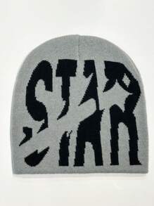 1pc Knitted Star Pattern Hat With Letter Design, Unisex Warm Beanie Made Of Acrylic Fiber, For Casual Outing In Cold Weather