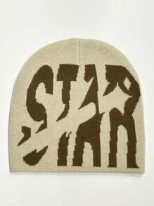 1pc Knitted Star Pattern Hat With Letter Design, Unisex Warm Beanie Made Of Acrylic Fiber, For Casual Outing In Cold Weather