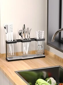 1pc Black Chopsticks Holder With Tray, Cutlery Drying Rack, Kitchen Utensil Organizer, Tableware Drainer, Countertop Storage Rack, Kitchen Accessory - Black - View 5