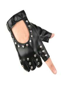 1pair Women's Multicolor Hollow Out Rivet Anti-Slip Breathable PU Half Finger Gloves, Suitable For Stage Performance, Street Dance, Motorcycle Riding Summer - Multicolor - View 2