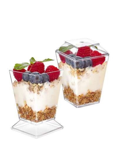 25 Pieces, 5-Ounce Dessert Glass With Lid, Mini Pudding Jar, Summer Dessert Glass, For Tasting Appetizers, Fruits, Ice Cream, Mousse Cake, Free Transparent Spoon Gift Bag Party Kitchen School Supplies Food Bag Food Box Suitable For Candy Chocolate Cookies Etc.