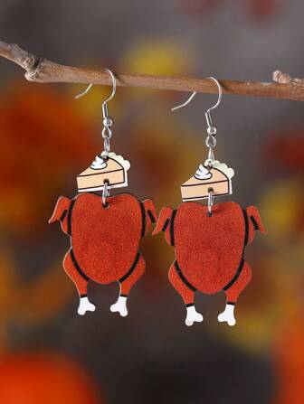 1 Pair Vintage Cute Quirky Black Cat & Turkey Wooden Double-Sided Pendant Earrings, Thanksgiving Fall Harvest Festival Party Jewelry Gift