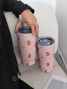 1pc 20oz/600ml Bowknot Cute Bear Insulated Cup, Cold/Hot Drinking Mug, Vacuum Bottle For Camping, Coffee, Festival & Birthday Gift (Without Straw) Water Bottle Back To School