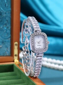 New Arrival! 1pc Women's Quartz Watch, Elegant Square Dial With Shiny Rhinestone Inlay Bracelet, Adjustable & Minimalistic Style, Suitable For Daily Wear And Gift Giving As A Gift For Students Returning To School