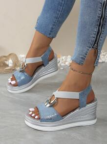 Sandalias plataforma de unicolor, ligeras, para mujer. Diseño deslizante, lujosas y de moda. Nueva colección de verano 2025 del diseñador. Zapatos casuales cómodos para mujer, apropiados para viajes, salidas y ocasiones formales. - Celeste - Ver 5