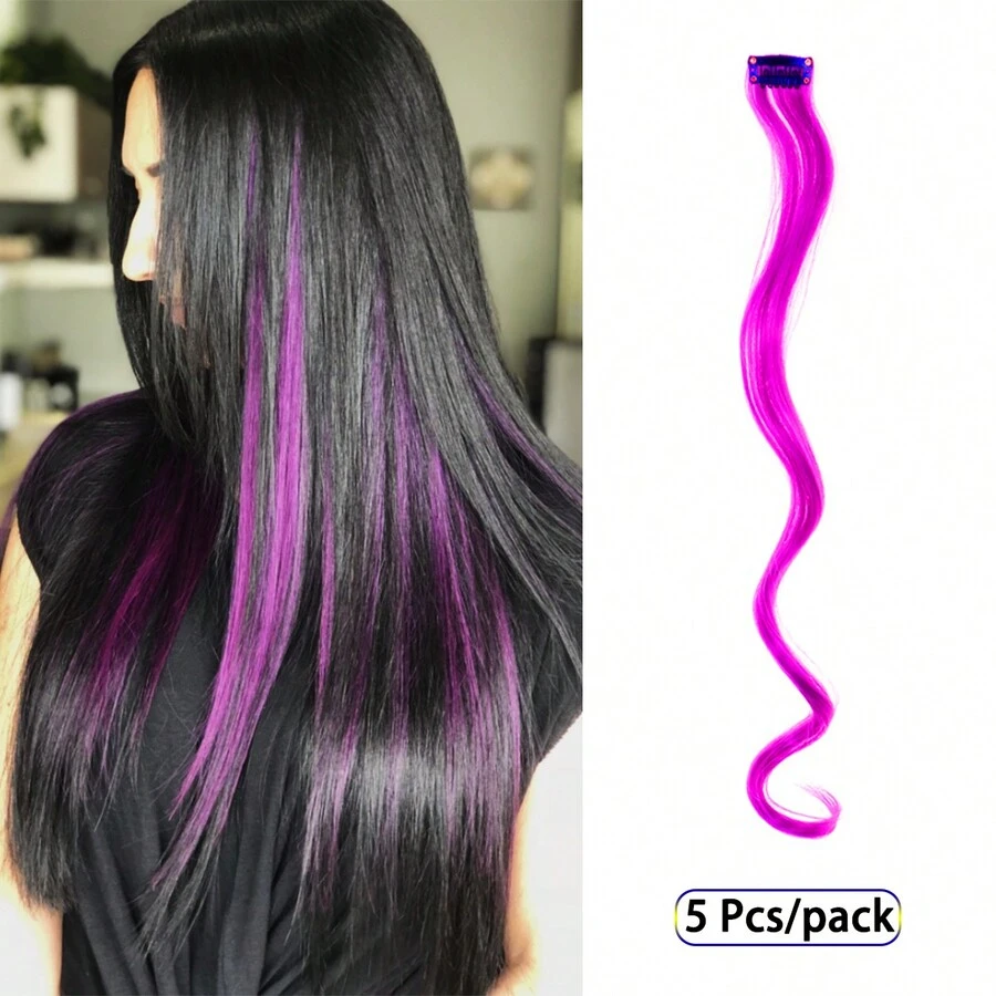 5 PCS Colored Clip In Hair Extensions 17 Inch Pre Curling Hairpieces Clip In Synthetic, Halloween Cosplay Dress Up Fashion Party Christmas New Year Gift For Women Kids Girls - Purple - View 1