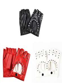 1pair Women's Multicolor Hollow Out Rivet Anti-Slip Breathable PU Half Finger Gloves, Suitable For Stage Performance, Street Dance, Motorcycle Riding Summer - Multicolor - View 4