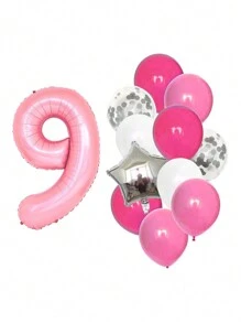 13pcs Aluminum Digital Latex Balloons Number Combination, Birthday Party Decoration Balloons, Home Decoration Balloons - Pink - View 13