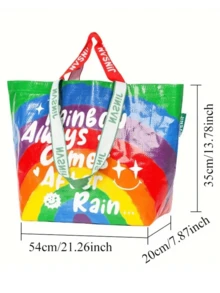 1入組彩虹色編織手提袋，防水PP材質，多用途肩扛式，厚實設計的可重複使用購物袋，54.0x35.0x19.99公分，是理想的禮品及收納解決方案