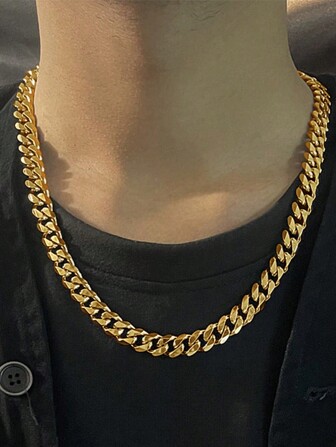 1pc Men's Vintage Gold Iron Round Link Necklace, Domineering Cuban Chain Necklace Hip-Hop Personalized Thick Chain