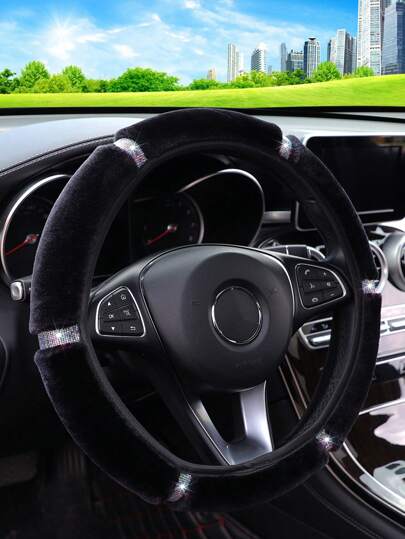 1入組毛絨舒適閃閃發光的方向盤套（不含內圈），適用於14.5-15英寸車用配件