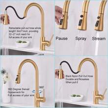 Matte Black/Chromium Plating/Brushed Nickel/Brushed GoldKitchen Faucet With Pull Down Sprayer,Stainless Steel Single Handle Kitchen Faucet,Multiple Modes Switch Water, 8'' Deck Plate Included,Suitable For Farmhouse Laundry Rv Bar - Brushed Gold - View 4
