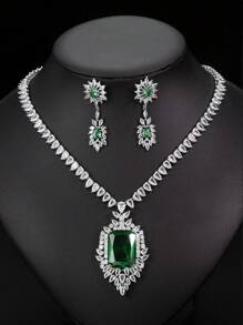 1 juego de 3 piezas de collar y aretes de circonita cúbica de estilo europeo; adecuado para bodas, banquetes y otras ocasiones de alta gama; decoraciones con forma de rectángulo y lágrima para ropa de mujer festiva