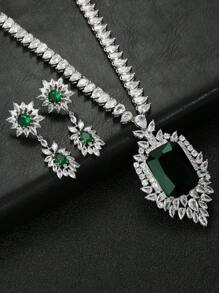 1 juego de 3 piezas de collar y aretes de circonita cúbica de estilo europeo; adecuado para bodas, banquetes y otras ocasiones de alta gama; decoraciones con forma de rectángulo y lágrima para ropa de mujer festiva