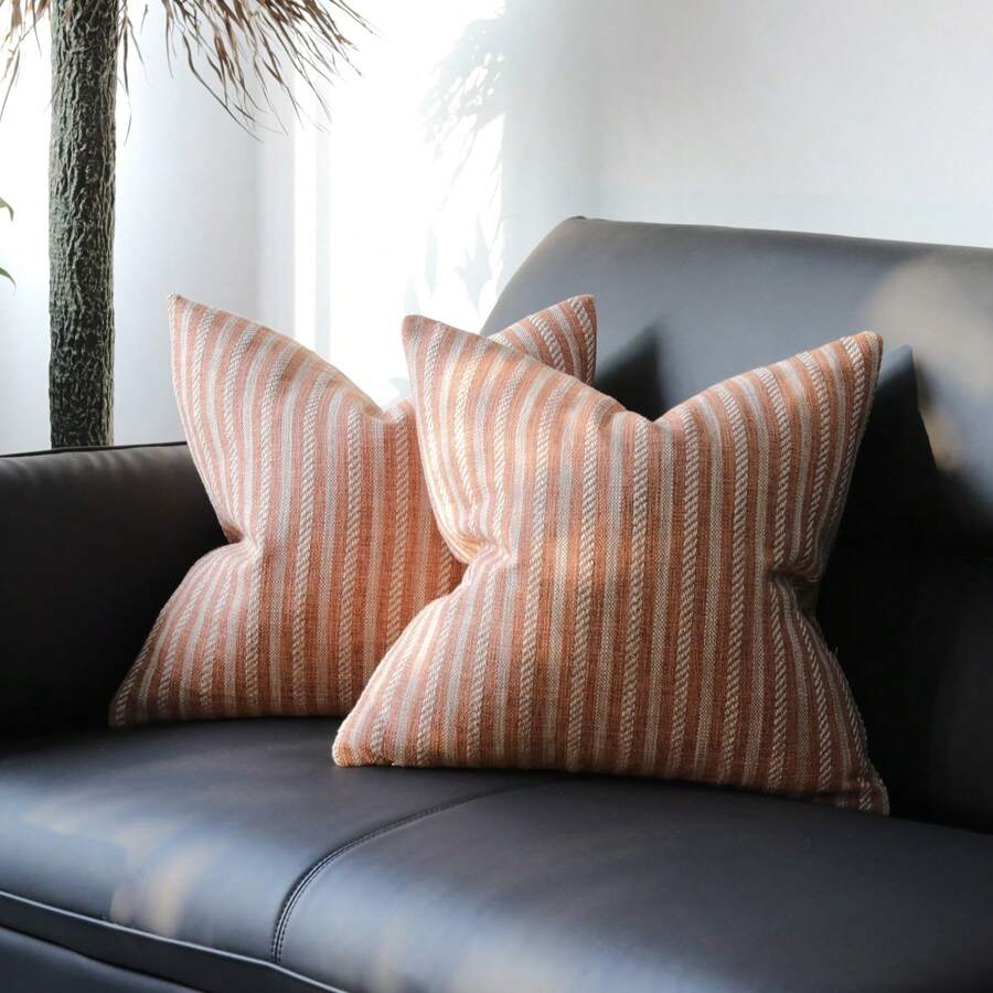 Housse De Coussin De Siège En Lin Rayé, Avec Décoration Jacquard unicolore, Coussins De Chaise Dextérieur, 1 Pièce - Orange - Voir 1
