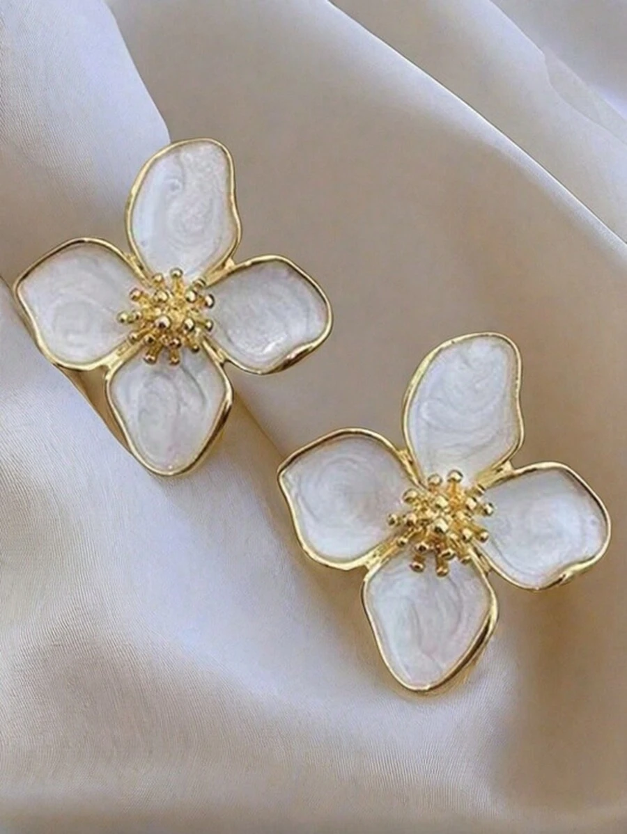 一对彩色油滴四瓣花造型耳环,适合女性日常佩戴,简约百搭,甜美节日礼物,情人节、母亲节礼物 - 乳白色玫瑰花耳飾 - 查看 1