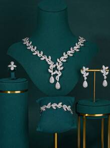 4 pièces Set de bijoux de mariée de luxe, collier, boucles d'oreilles, bracelet et bague en cubic zirconia cubique pour femmes, mariage, fête. Cadeau pour la Fête des Mères, la Saint-Valentin