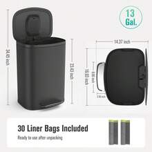Curved Surface 13 Gallon 50L Kitchen Foot Pedal Operated Soft Close Trash Can - Stainless Steel Rectangular Bustbin With 30 Garbage Bags - BLACK