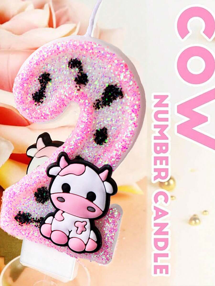 1pc Pink Cow Glitter Birthday Candles ,Number Candles For Birthday