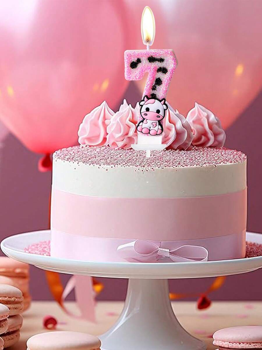 1pc Pink Cow Glitter Birthday Candles ,Number Candles For Birthday