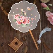 Chinese Style Classical Embroidered Round Fan With Double-Sided Flower Patterns For Traditional Costume, Qipao, Dance Or Performance, Su Embroidery Fan - Eight-petal Pink Peony - View 1