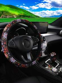 3pcs Fabric Waterproof Steering Wheel Cover, Handbrake Cover And Gear Shift Cover, Suitable For 14.5-15 Inch Universal Car, With Daisy, Panda And Bear Paw Print Design