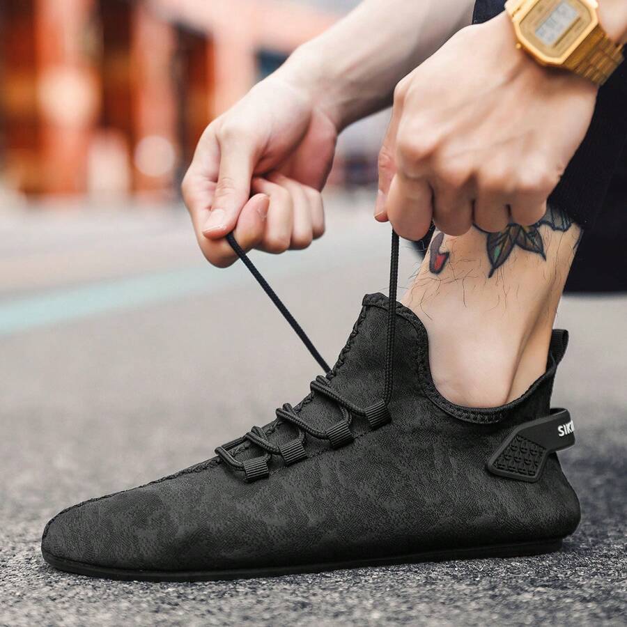 Men's Comfortable Solid Color Socks Loafers - Soft Fabric Upper, Non-Slip Rubber Sole, Breathable Fabric Insole, Round Toe, Lace-Up Closure, Suitable For Casual Outdoor Activities In All Seasons - Black - View 1