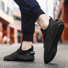 Men's Comfortable Solid Color Socks Loafers - Soft Fabric Upper, Non-Slip Rubber Sole, Breathable Fabric Insole, Round Toe, Lace-Up Closure, Suitable For Casual Outdoor Activities In All Seasons - Black - View 3