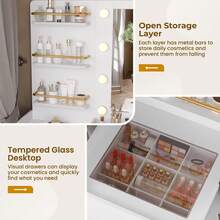 Makeup Desk With 3 Lighting Modes, Modern Vanity Table With Charging Station, Glass Top Dressing Table, White - 白色 - 查看 5