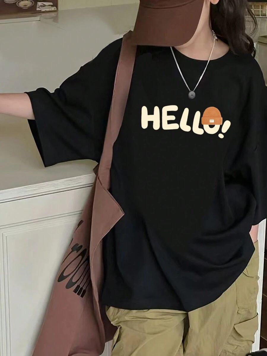 Tween-Mädchen Kurzärmliges T-Shirt mit Hello-Buchstabendruck und Kapuze, geeignet als Sommeroberteil - Schwarz - Übersicht 1