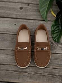 男孩平底鞋，鍍金鏈裝飾，PU皮革材質，手縫設計，適合春秋旅行，休閒活動，舒適款式 - 棕色 - 查看 7