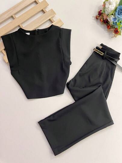 Conjunto Feminina : Top de pescoço Redondo Sem Mangas e Cor Sólida para o Verão e Calça Pantalona com Cinto e Bolso