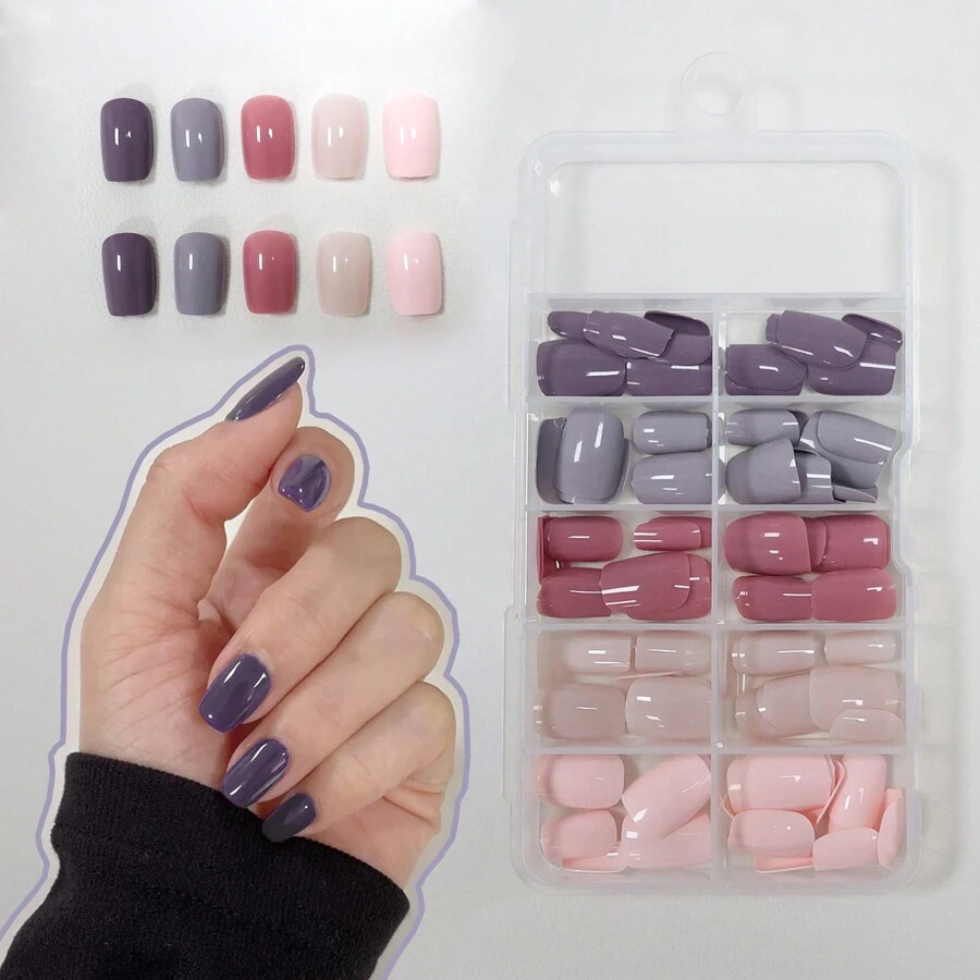 YESES 140入組短方形粉橙棕色系列假指甲，可單獨或色彩搭配穿著 - 彩色 - 查看 1