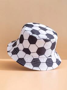 1入青少年足球圖案漁夫帽，適用於青少年時尚穿搭和防曬 - 黑與白 - 查看 2