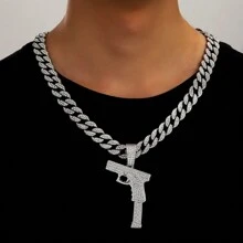 1pc European And American Style Men's Fashion Personality Hip Hop Gun Shaped Pendant Necklace With Full Rhinestones, Suitable For Jewelry Festival Parties