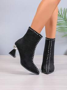 New Comfortable Pointed Toe Studded Chunky Heel Short Boots - Black - View 1