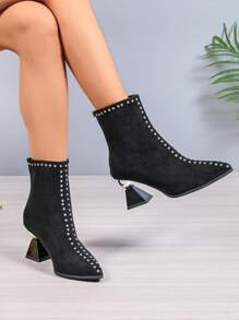 New Comfortable Pointed Toe Studded Chunky Heel Short Boots - Black - View 6