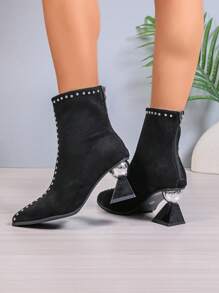 New Comfortable Pointed Toe Studded Chunky Heel Short Boots - Black - View 3