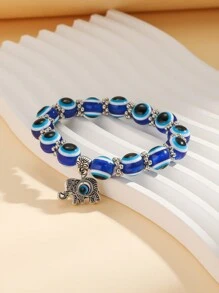 1入組魔鬼之眼珠鏈手鍊，帶有大象吊墜，女性日常佩戴的創意藍色防邪眼彈力手鍊（14-15顆珠子） - 藍色 - 查看 2