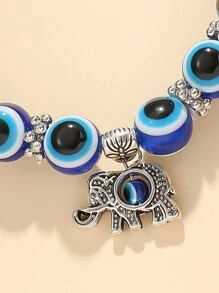 1入組魔鬼之眼珠鏈手鍊，帶有大象吊墜，女性日常佩戴的創意藍色防邪眼彈力手鍊（14-15顆珠子） - 藍色 - 查看 4