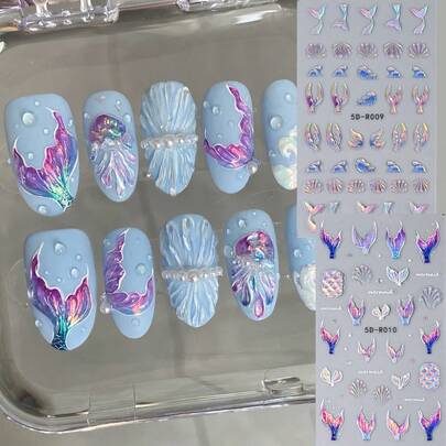 FULL BEAUTY 2 miếng dán móng tay nghệ thuật 5D nổi hình đại dương mùa hè, cực quang, màu xanh dương, nàng tiên cá, vỏ sò, đuôi cá tím, decal dán móng tay tự dính, đồ trang trí móng tay DIY, phụ kiện làm móng, quà tặng cho bé gái.
