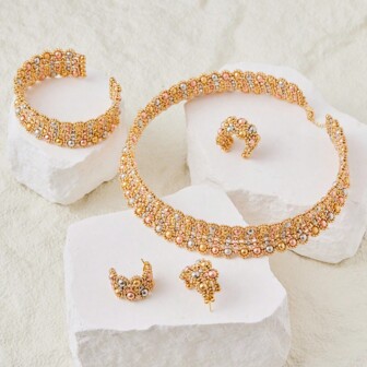 dazzdelic 4入組/套彩色銅珠米珠鏈手工編織寬頸套，配有耳環，開口手鐲和戒指，非常適合女士晚會穿著，也是一份很棒的禮物