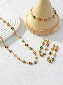 1 pieza Conjunto de collar, pulsera y pendientes de margarita de moda para mujeres, exquisito y elegante, perfecto para atuendos de verano y playa con un diseño juvenil y dulce adecuado para accesorios de regreso a la escuela - Multicolor - Ver 2