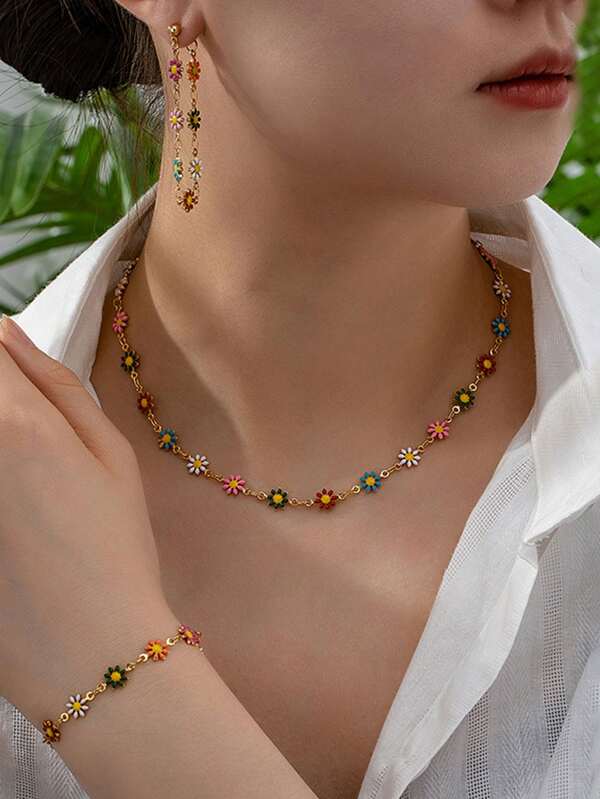 1pc Women's Fashionable Beach Vacation Style Daisy Necklace Bracelet Earrings Set, Exquisite And Chic, Perfect For Summer And Beach Outfits With A Youthful And Sweet Design Suitable For Back To School Season Accessories.